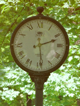 Photograph of old-fashioned clock with trees in the background