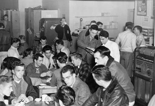 Students take a break in the cramped quarters of Vanport snack bar