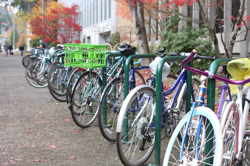 bikes parked in a bike rack on campus